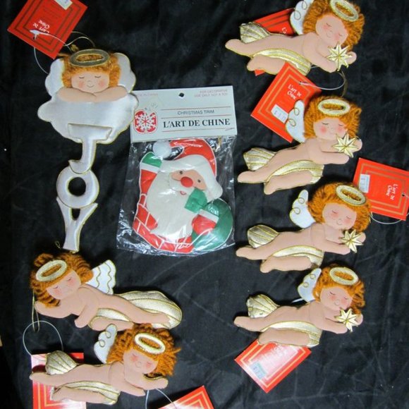 80'S 90'S KITCSHY L'ART DE CHINE FABRIC CHRISTMAS ORNAMENTS SET OF 8 W/ORIG TAGS - Picture 2 of 11